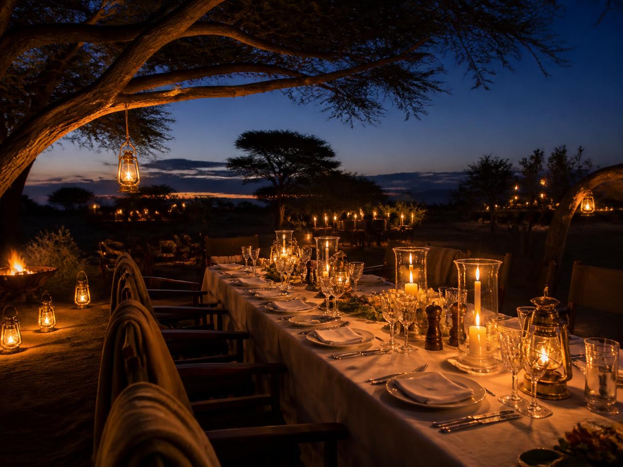 Bush dinner table set with candles and lanterns under acacia trees at dusk
