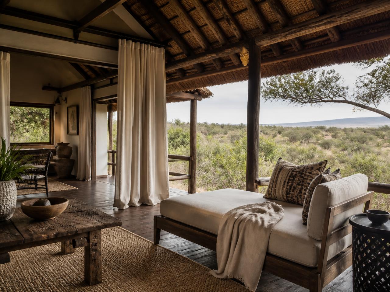 Veranda of a private safari cottage with linen daybed opening onto the bush