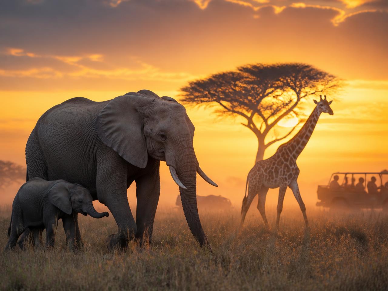 Elephants and a giraffe crossing the golden savannah at sunrise